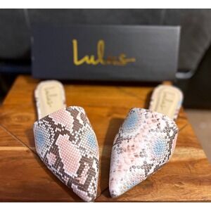 Lulus Lorena Blush Snake Print Pointed Toe Mules Slides Women's Size 8.5